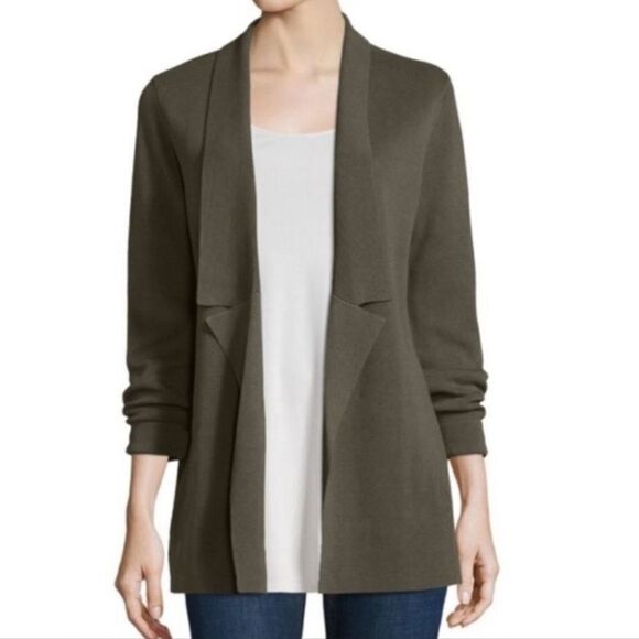 Eileen Fisher L Seaweed Green Lslv SILK ORGANIC COTTON Women's Opened Cardigan - Picture 1 of 8